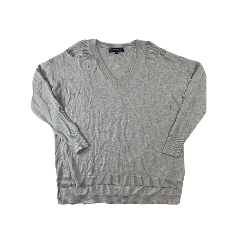 Central Park West Sweater Womens Small Gray Distressed V-Neck Ripped Grunge Punk